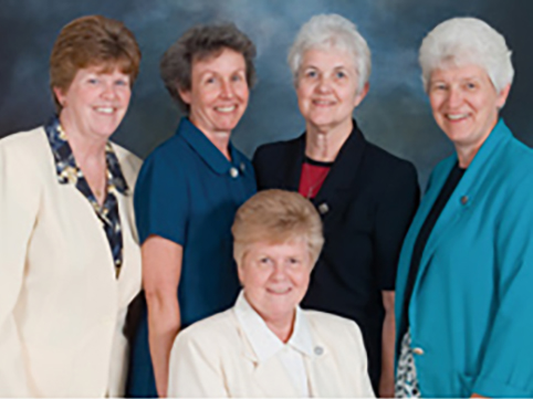 Back (L to R): Sisters Kathy Schmittgens, Carol Reeb, Pat Delaney, Celine Schumacher. Seated: Sister Joanne Hanrahan.