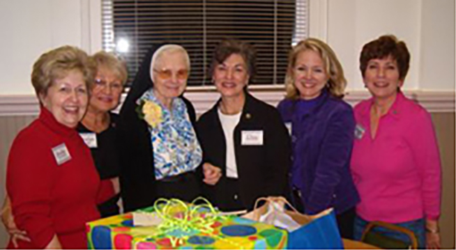 Participating in an Associate Retreat are left to right: Associates Jody Landry, Carolyn Jordan, Sister Clared Coyne, SSND, Associates Dee Cavalier, Cherie Bailey, and Brenda Hebert.