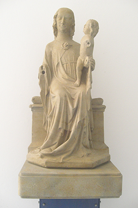 The “Angermadonna” depicts Jesus sitting on Mary’s lap. The sculpture was made of sandstone (freestone) in the Rhineland Palatine about the year 1340. This copy is in the Anger cloister (the Munich Motherhouse is located on “Anger.”) The original is in th