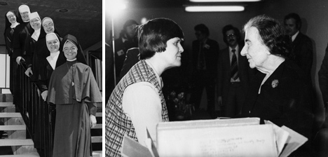 Sisters from various relivious communities offered time and expertise in Traveling Workshops, sponsored by the National Catholic Interracial Council of Christian and Jews. This Traveling Workshop in Philladelphia, 1966 shows top down: Mary Yolande, OFS, A