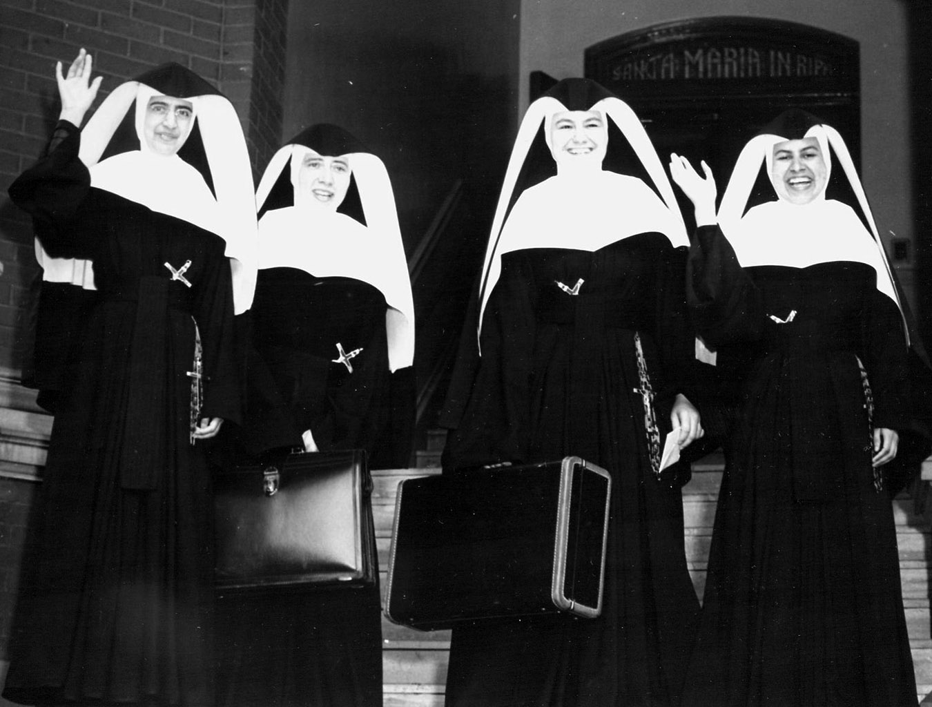 From left to right: Sisters Carmen Garana, Rosaire Helling, Helene Gerstner and Fatima Carcamo leaving for Honduras in 1956. Sister Fatima was the first native honduran to enter the School Sisters of Notre Dame.