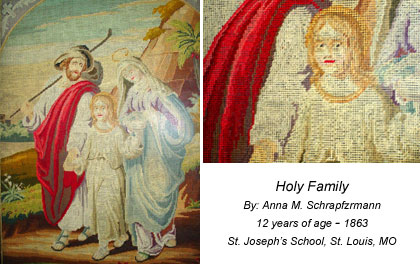 Image of needlework student. Title: Holy Family Student: Anna M. Schrapfzrmann 12 years of age - 1863 St. Joseph's School. St Louis, MO