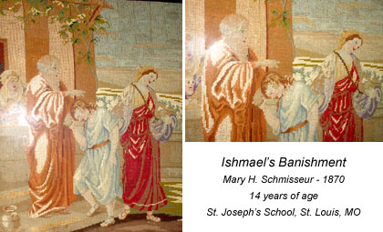 Image of needlework student. Title: Ishmael's Banishment Student: Mary H. Schmisseur 14 years of age - 1870 St. Joseph's School. St Louis, MO