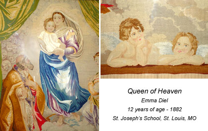 Image of needlework student. Title: Queen of Heaven Student: Emma Diel 12 years of age - 1882 St. Joseph's School. St Louis, MO