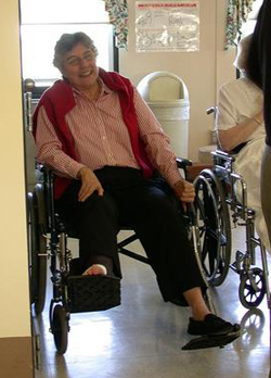 Sister Patricia Flynn, SSND, understand the temporary loss of mobility while in wheelchair.