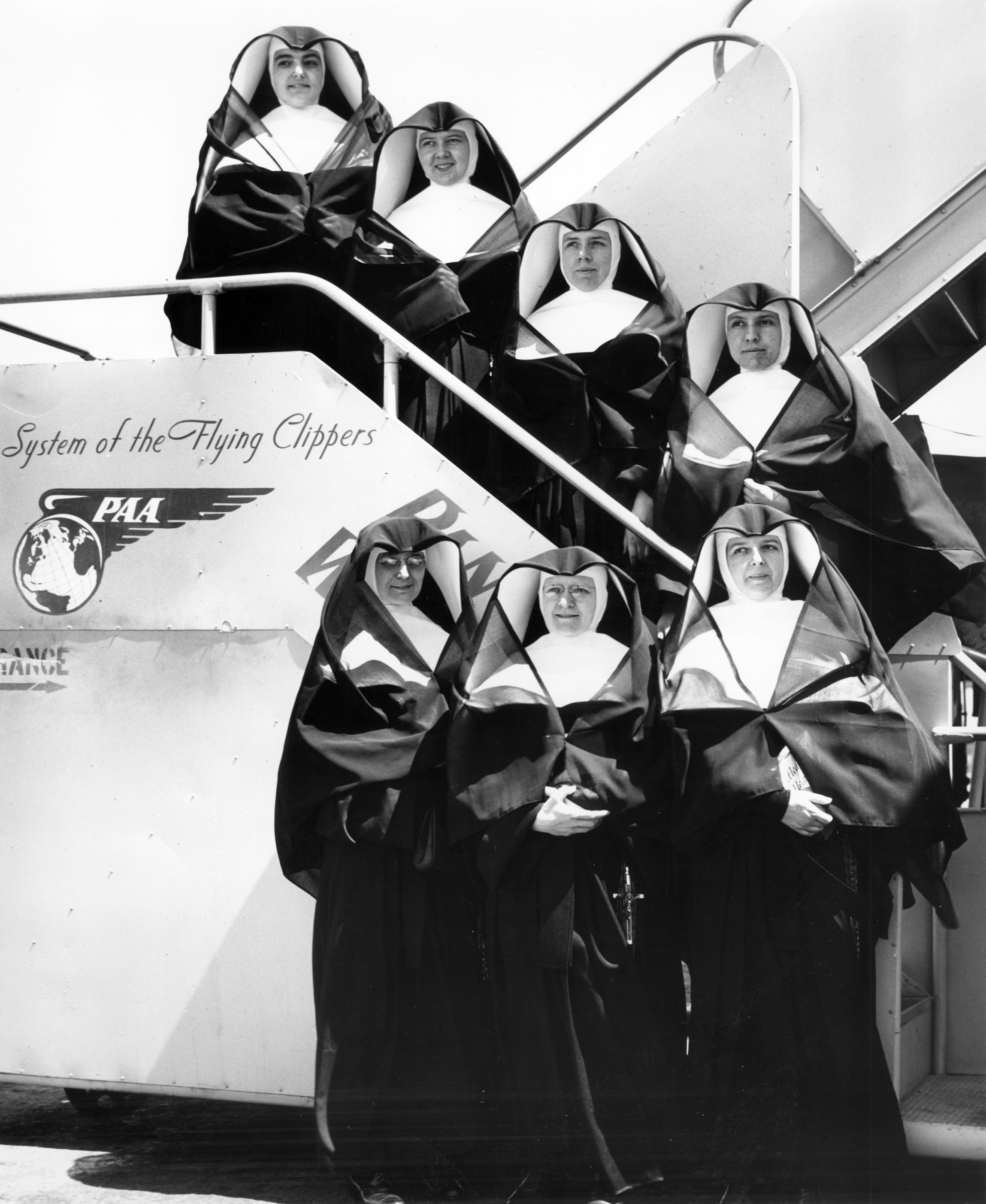 Sisters from Milwaukee leaving for Guam in 1949 are from top down: Sisters Mary Jean Francis Stenger, Aquina Curtin, Ardwin Shaw, Marie Jose Herbig, Carleen Roberts, Eric Militzer, Eucharita Luxem (First Superior).