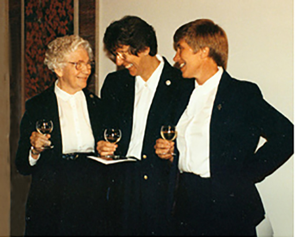 As General Chapter deleates pause for celebration, three general superiors enjoy a moment. From left to right: Mother Georgianne Segner, Patricia Flynn, and Mary Margaret Johanning. 