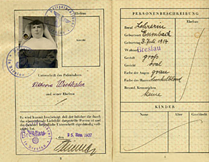 Sister Victoria Weithaler's 1938 passport is a graphic reminder of Nazi control of German citizens.